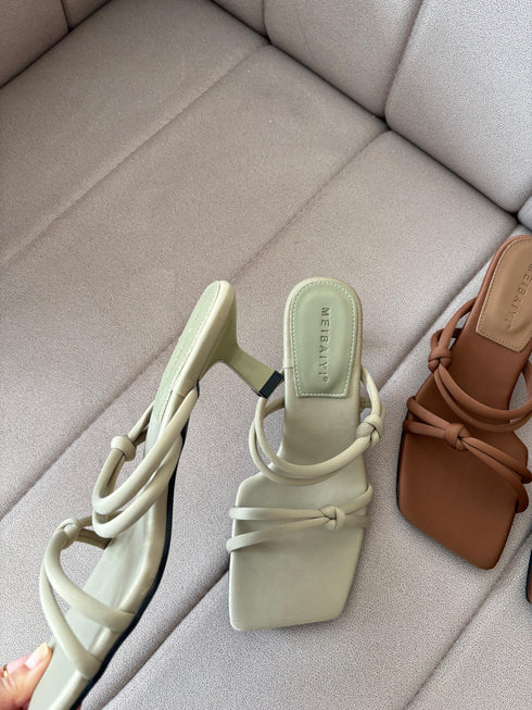 Ladies Double Knot Strap Square Open Toe Slid-On Heel